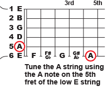 Tune the A string using the A note on the 5th fret of the low E string